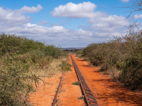 A vertical shot of railway surrounded by trees under the blue sky in Tsavo west, Taita hills, Kenya